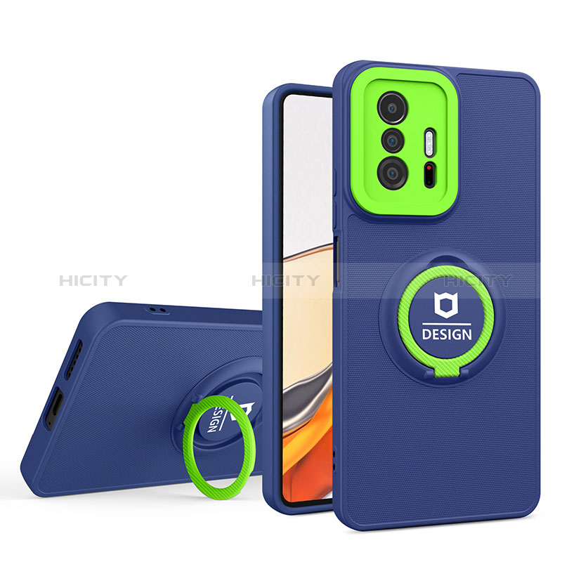 Custodia Silicone e Plastica Opaca Cover con Supporto H01P per Xiaomi Mi 11T Pro 5G Blu