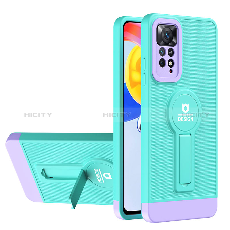 Custodia Silicone e Plastica Opaca Cover con Supporto H01P per Xiaomi Redmi Note 11 Pro 4G Ciano