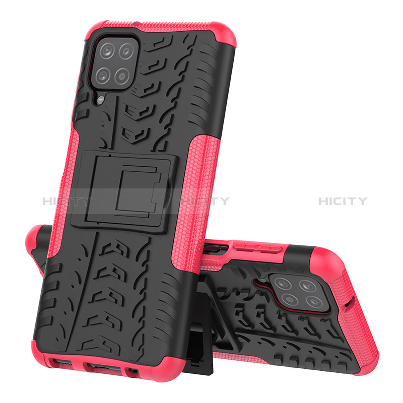 Custodia Silicone e Plastica Opaca Cover con Supporto J01X per Samsung Galaxy A12 Rosa Caldo