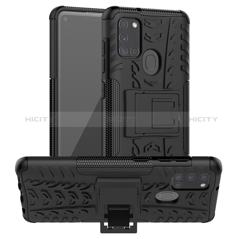 Custodia Silicone e Plastica Opaca Cover con Supporto J01X per Samsung Galaxy A21s Nero