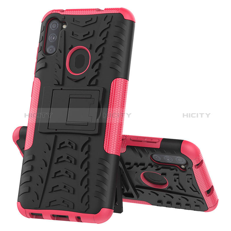 Custodia Silicone e Plastica Opaca Cover con Supporto J01X per Samsung Galaxy M11 Rosa Caldo