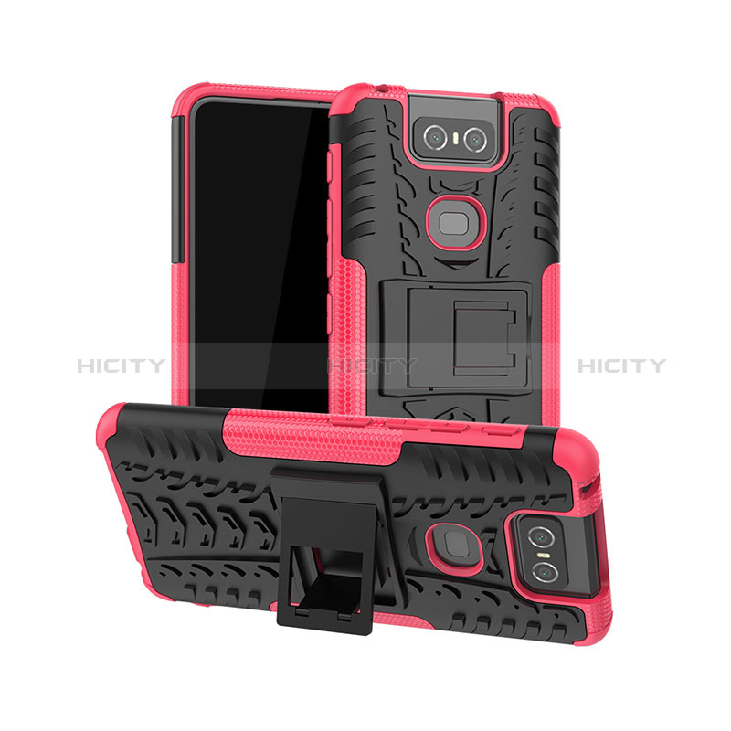 Custodia Silicone e Plastica Opaca Cover con Supporto JX1 per Asus Zenfone 6 ZS630KL Rosa Caldo