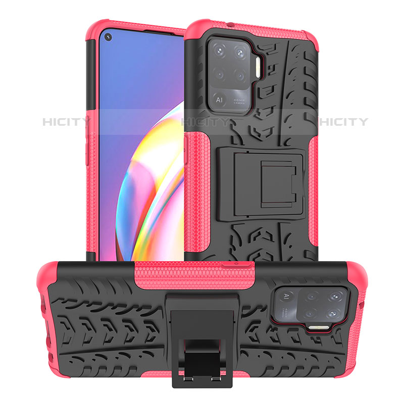 Custodia Silicone e Plastica Opaca Cover con Supporto JX1 per Oppo Reno5 F Rosa Caldo