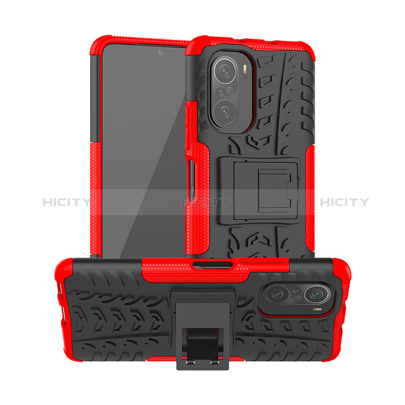 Custodia Silicone e Plastica Opaca Cover con Supporto JX1 per Xiaomi Poco F3 5G Rosso
