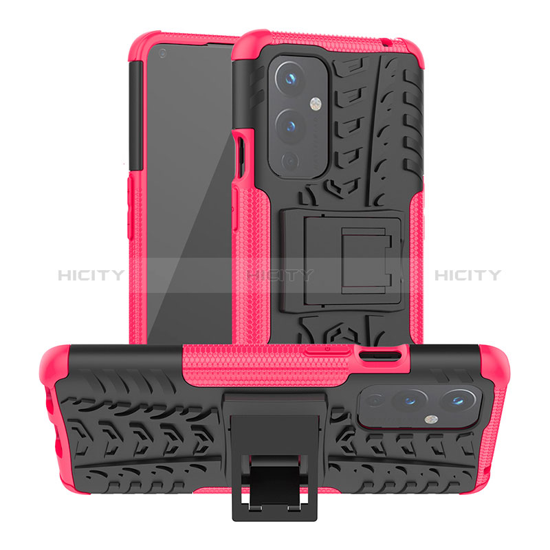 Custodia Silicone e Plastica Opaca Cover con Supporto JX2 per OnePlus 9 5G Rosa Caldo