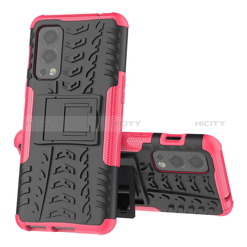 Custodia Silicone e Plastica Opaca Cover con Supporto JX2 per OnePlus Nord 2 5G Rosa Caldo