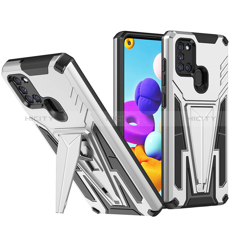 Custodia Silicone e Plastica Opaca Cover con Supporto MQ1 per Samsung Galaxy A21 Argento