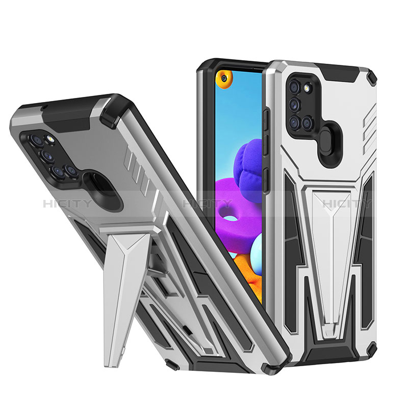 Custodia Silicone e Plastica Opaca Cover con Supporto MQ1 per Samsung Galaxy A21s Argento