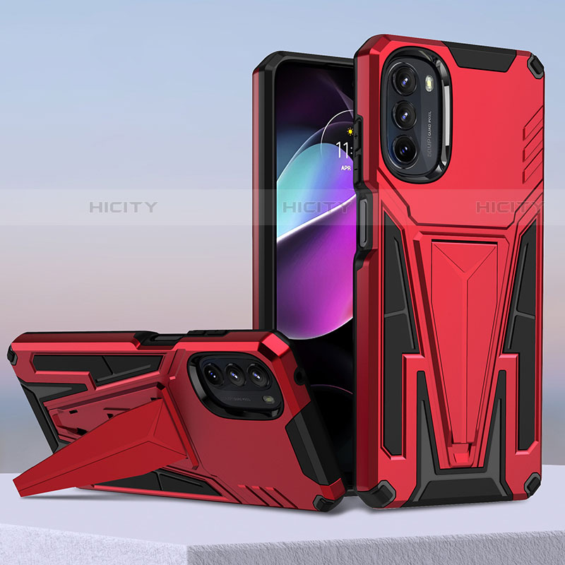 Custodia Silicone e Plastica Opaca Cover con Supporto per Motorola Moto G 5G (2022) Rosso