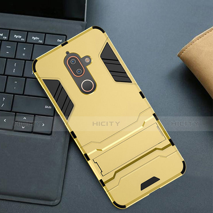 Custodia Silicone e Plastica Opaca Cover con Supporto per Nokia 7 Plus Oro