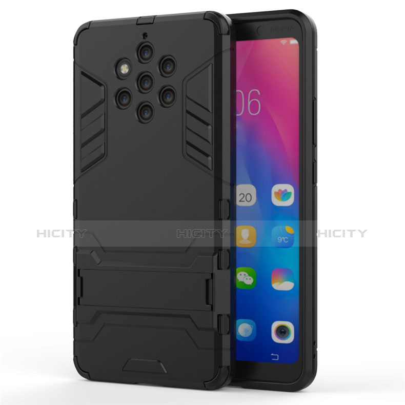 Custodia Silicone e Plastica Opaca Cover con Supporto per Nokia 9 PureView Nero