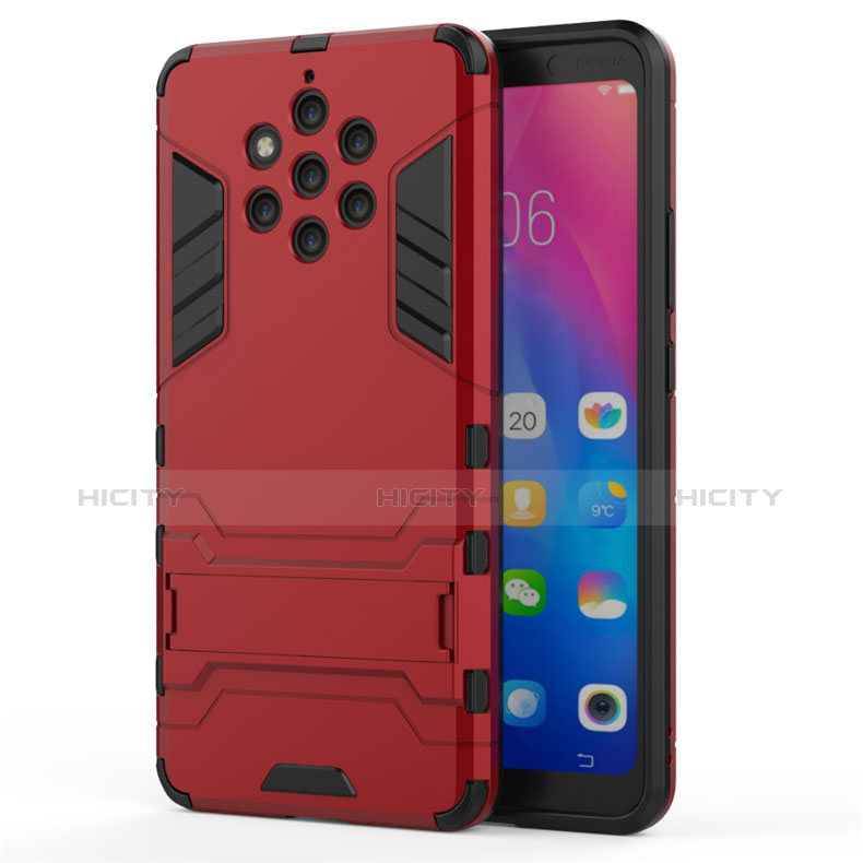 Custodia Silicone e Plastica Opaca Cover con Supporto per Nokia 9 PureView Rosso