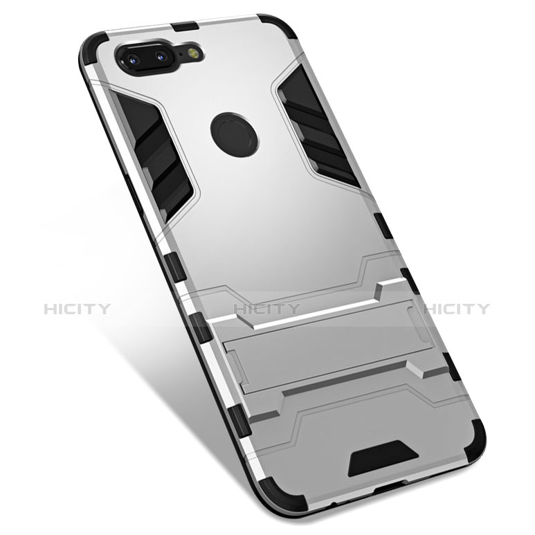 Custodia Silicone e Plastica Opaca Cover con Supporto per OnePlus 5T A5010 Argento