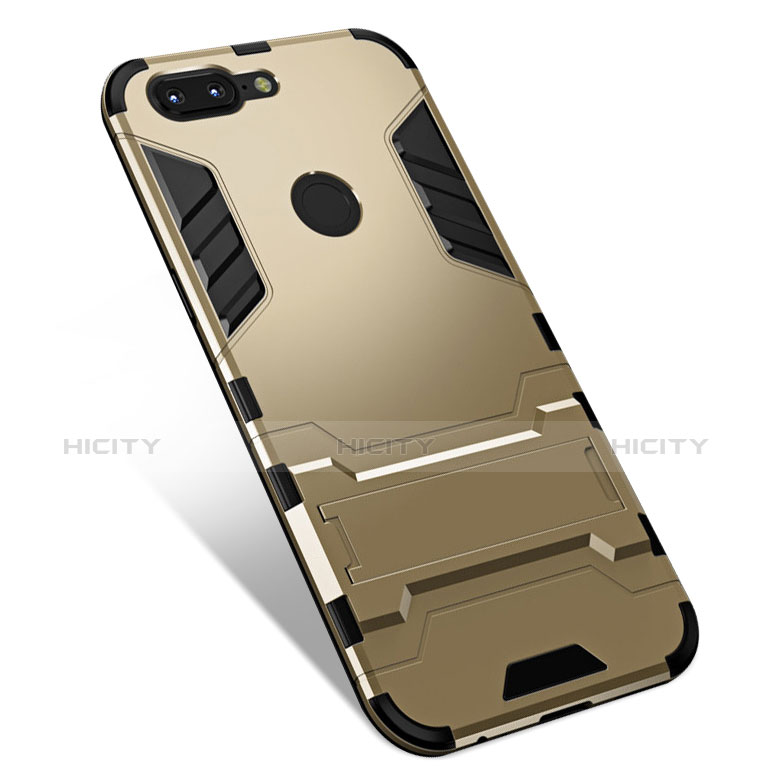 Custodia Silicone e Plastica Opaca Cover con Supporto per OnePlus 5T A5010 Oro