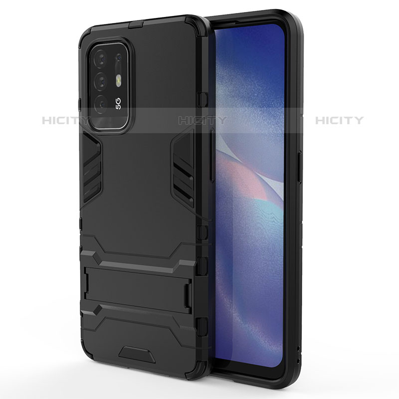 Custodia Silicone e Plastica Opaca Cover con Supporto per Oppo F19 Pro+ Plus 5G Nero