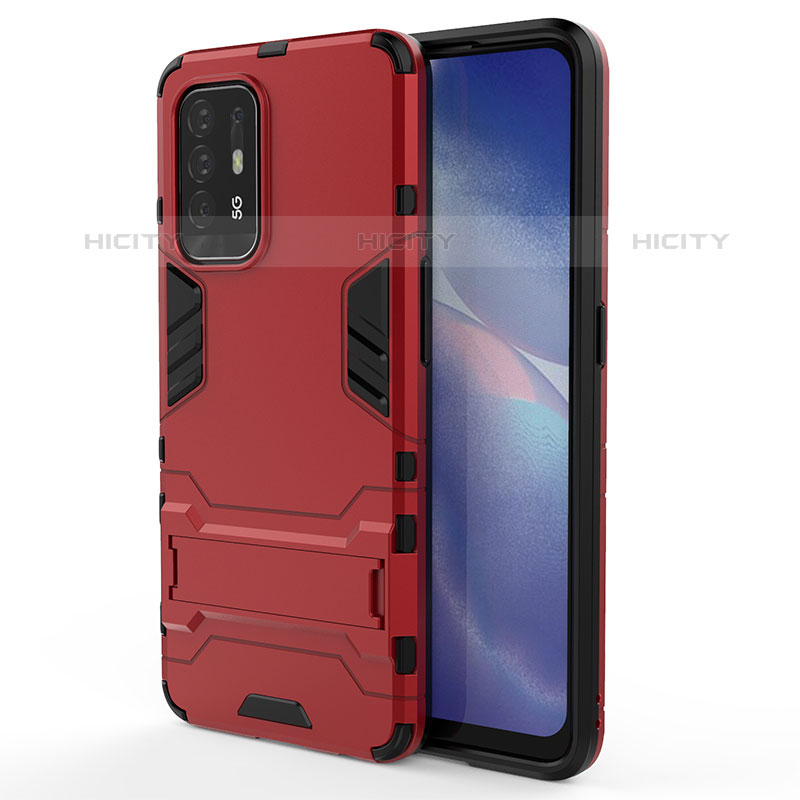 Custodia Silicone e Plastica Opaca Cover con Supporto per Oppo F19 Pro+ Plus 5G Rosso