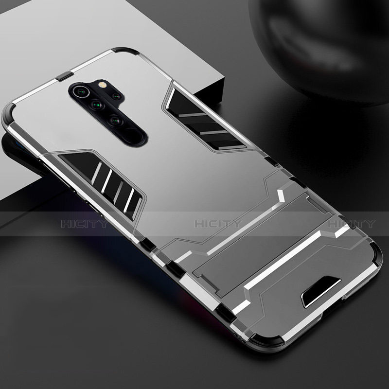 Custodia Silicone e Plastica Opaca Cover con Supporto per Xiaomi Redmi Note 8 Pro Argento