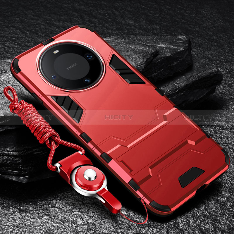 Custodia Silicone e Plastica Opaca Cover con Supporto R01 per Huawei Mate 60 Pro+ Plus Rosso