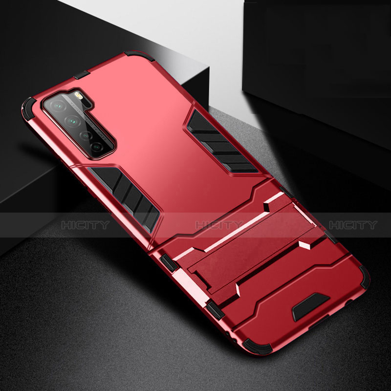 Custodia Silicone e Plastica Opaca Cover con Supporto R01 per Huawei Nova 7 SE 5G Rosso