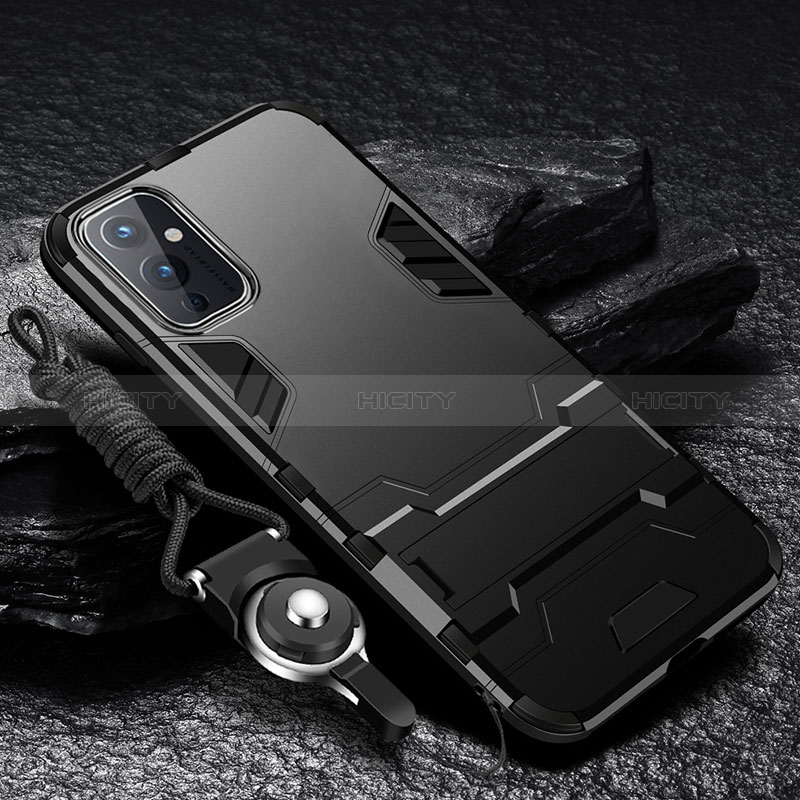 Custodia Silicone e Plastica Opaca Cover con Supporto R01 per OnePlus 9 5G Nero