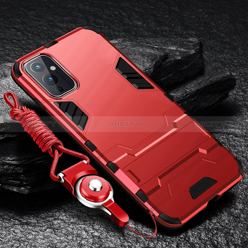 Custodia Silicone e Plastica Opaca Cover con Supporto R01 per OnePlus 9 5G Rosso