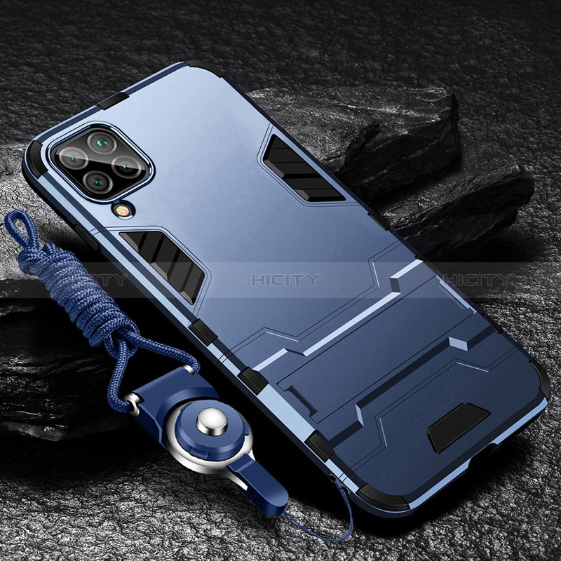 Custodia Silicone e Plastica Opaca Cover con Supporto R01 per Samsung Galaxy A12 Blu