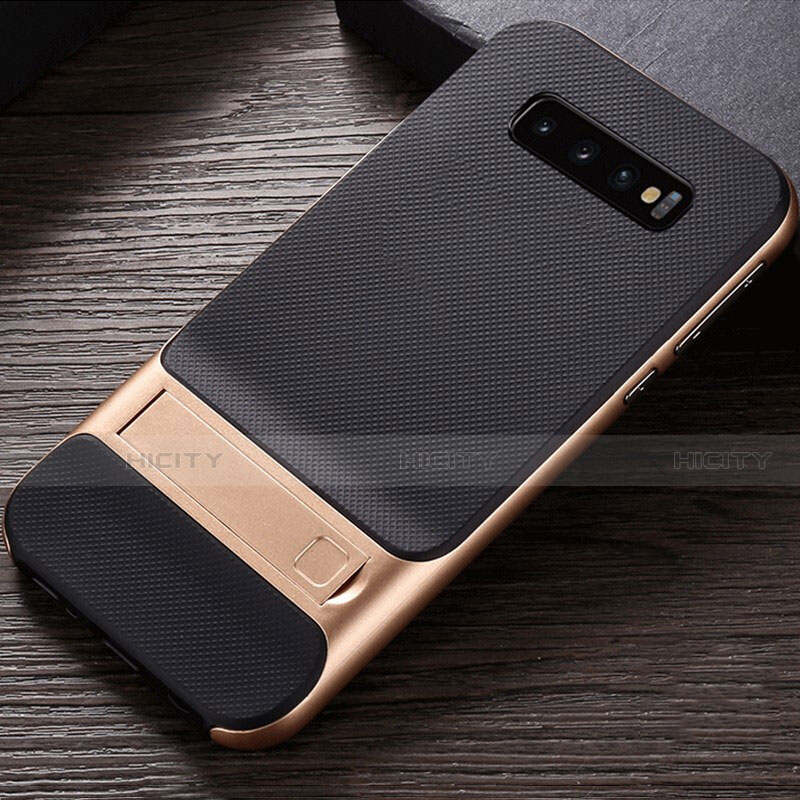 Custodia Silicone e Plastica Opaca Cover con Supporto R01 per Samsung Galaxy S10 5G Oro