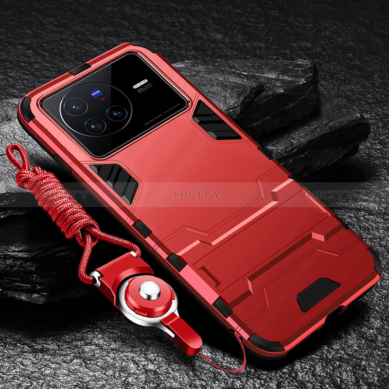 Custodia Silicone e Plastica Opaca Cover con Supporto R01 per Vivo X80 5G Rosso