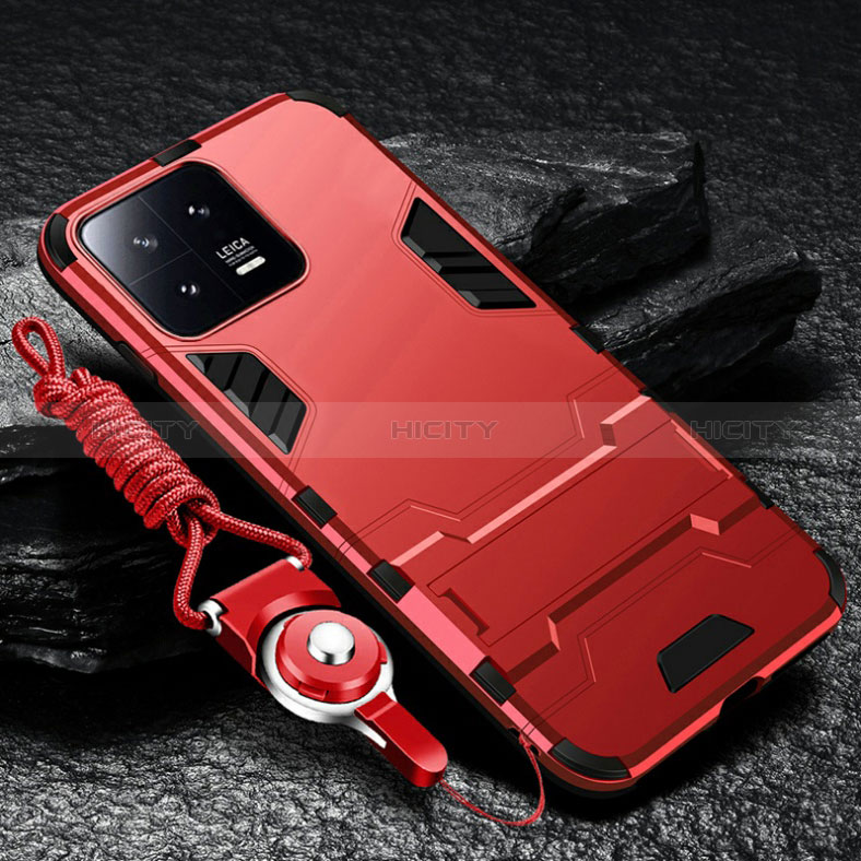 Custodia Silicone e Plastica Opaca Cover con Supporto R01 per Xiaomi Mi 13 5G Rosso