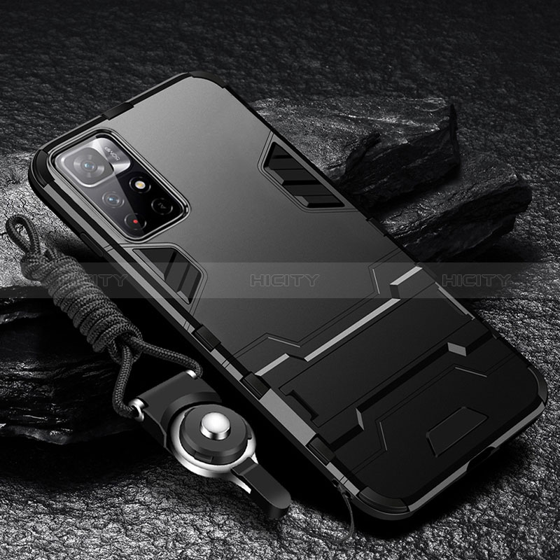 Custodia Silicone e Plastica Opaca Cover con Supporto R01 per Xiaomi Redmi Note 11T 5G Nero