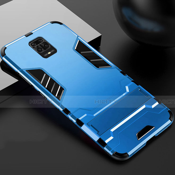 Custodia Silicone e Plastica Opaca Cover con Supporto R01 per Xiaomi Redmi Note 9 Pro Cielo Blu