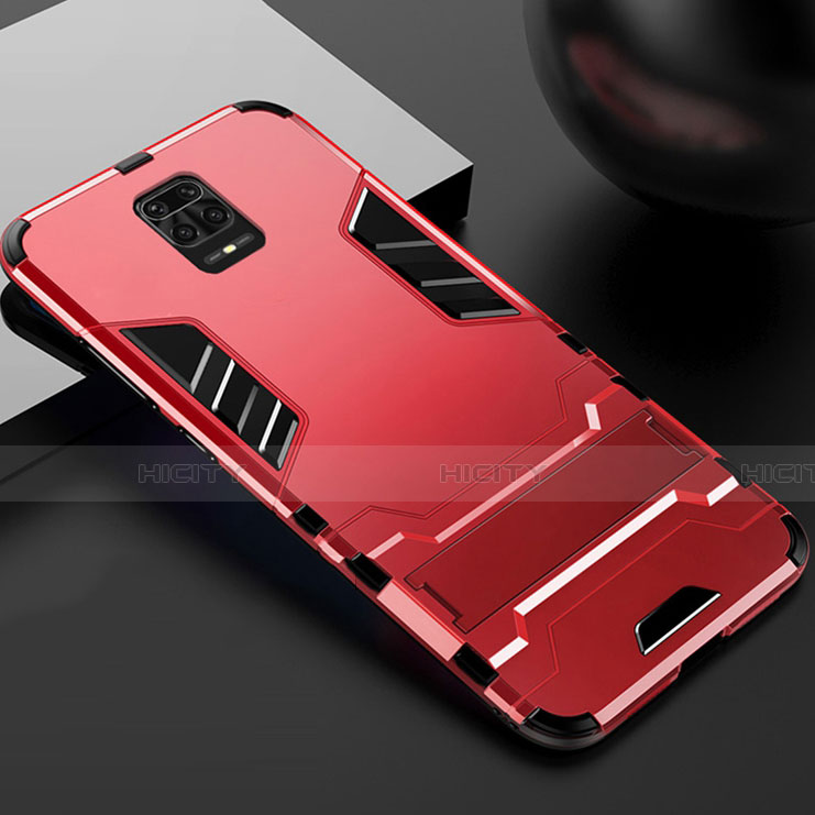 Custodia Silicone e Plastica Opaca Cover con Supporto R01 per Xiaomi Redmi Note 9S Rosso