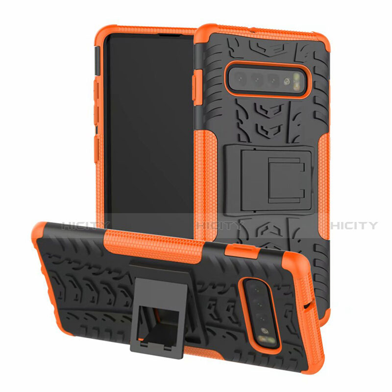 Custodia Silicone e Plastica Opaca Cover con Supporto R03 per Samsung Galaxy S10 Plus Arancione