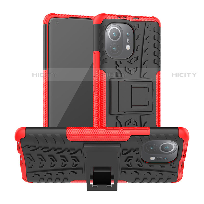 Custodia Silicone e Plastica Opaca Cover con Supporto R06 per Xiaomi Mi 11 Lite 4G Rosso