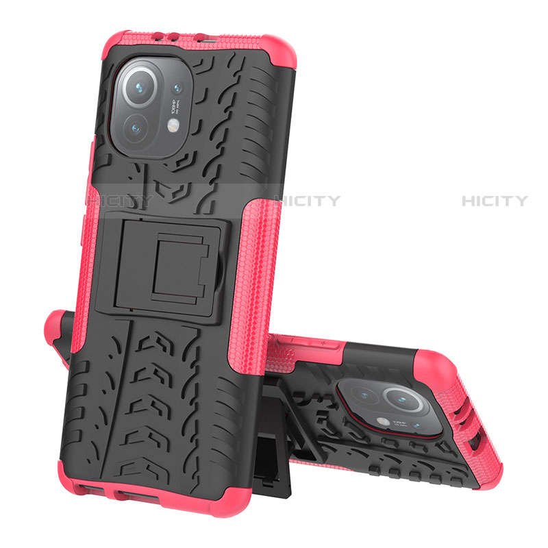 Custodia Silicone e Plastica Opaca Cover con Supporto R07 per Xiaomi Mi 11 Lite 4G Rosa Caldo