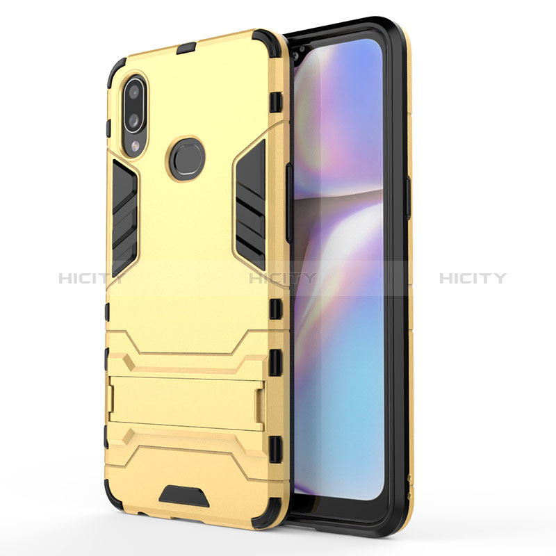 Custodia Silicone e Plastica Opaca Cover con Supporto T01 per Samsung Galaxy M01s Oro