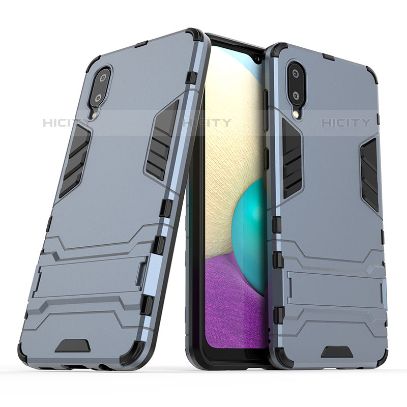 Custodia Silicone e Plastica Opaca Cover con Supporto T01 per Samsung Galaxy M02 Blu