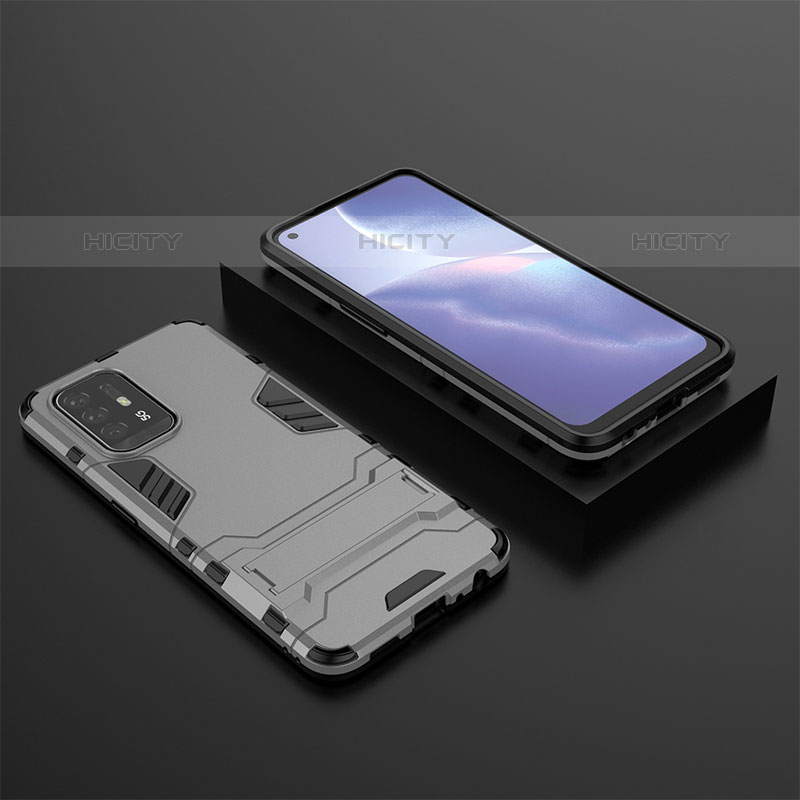 Custodia Silicone e Plastica Opaca Cover con Supporto T02 per Oppo F19 Pro+ Plus 5G Grigio