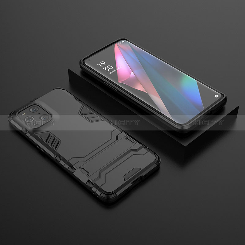 Custodia Silicone e Plastica Opaca Cover con Supporto T02 per Oppo Find X3 5G Nero