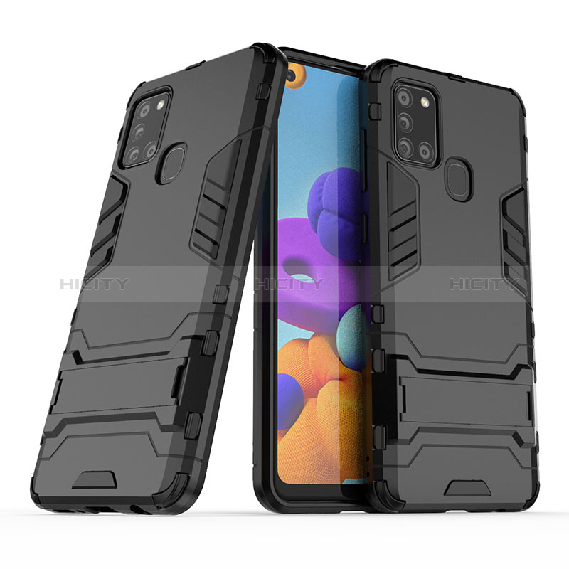Custodia Silicone e Plastica Opaca Cover con Supporto T02 per Samsung Galaxy A21s