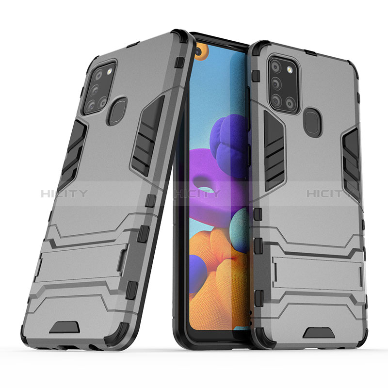 Custodia Silicone e Plastica Opaca Cover con Supporto T02 per Samsung Galaxy A21s Grigio