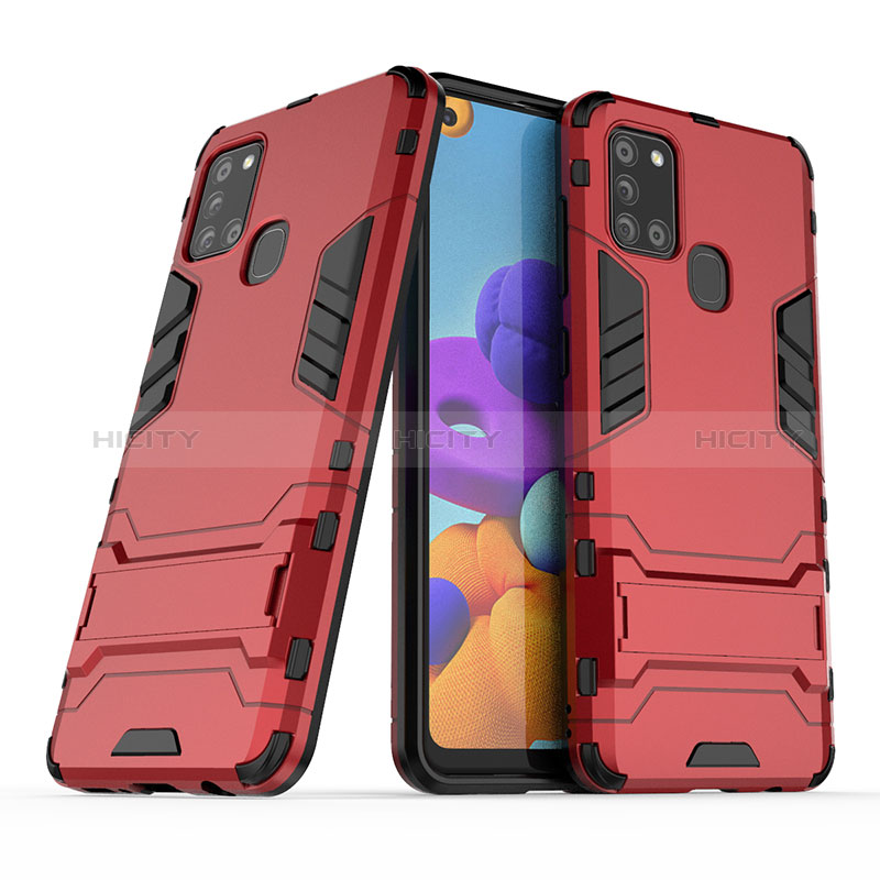 Custodia Silicone e Plastica Opaca Cover con Supporto T02 per Samsung Galaxy A21s Rosso
