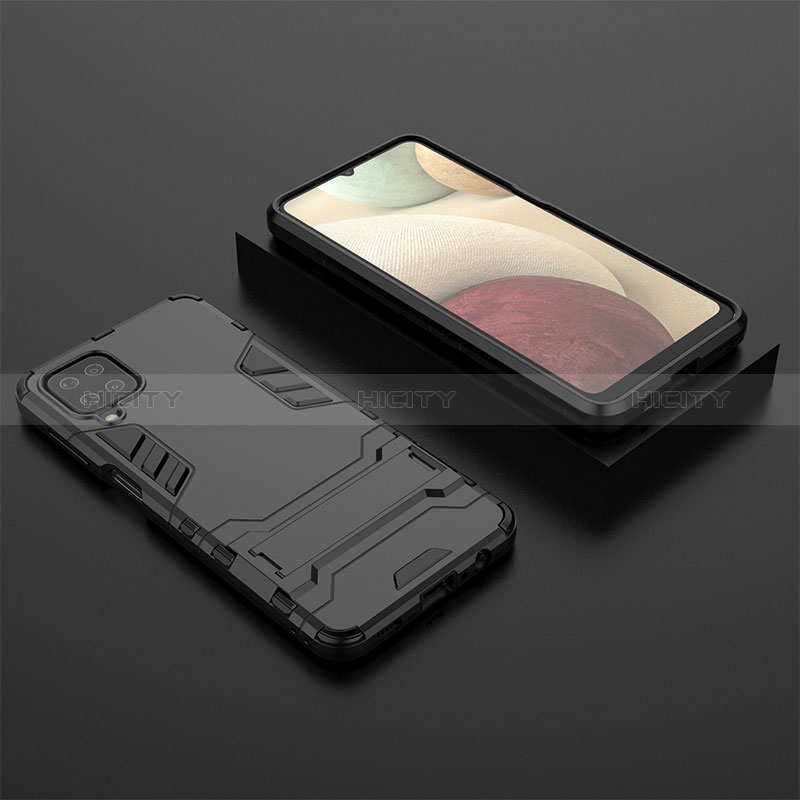 Custodia Silicone e Plastica Opaca Cover con Supporto T04 per Samsung Galaxy A12 Nero