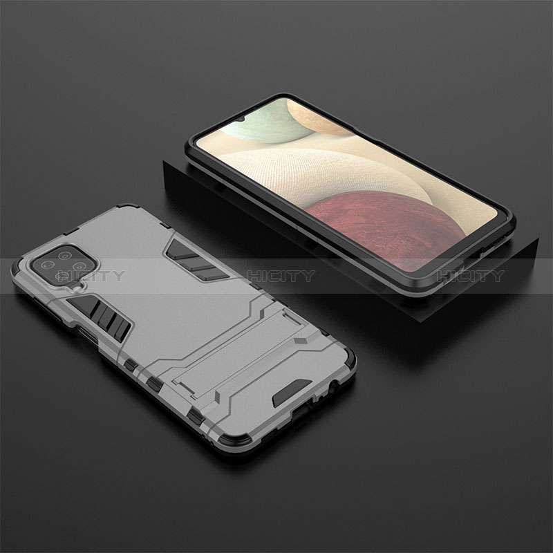 Custodia Silicone e Plastica Opaca Cover con Supporto T04 per Samsung Galaxy M12 Grigio