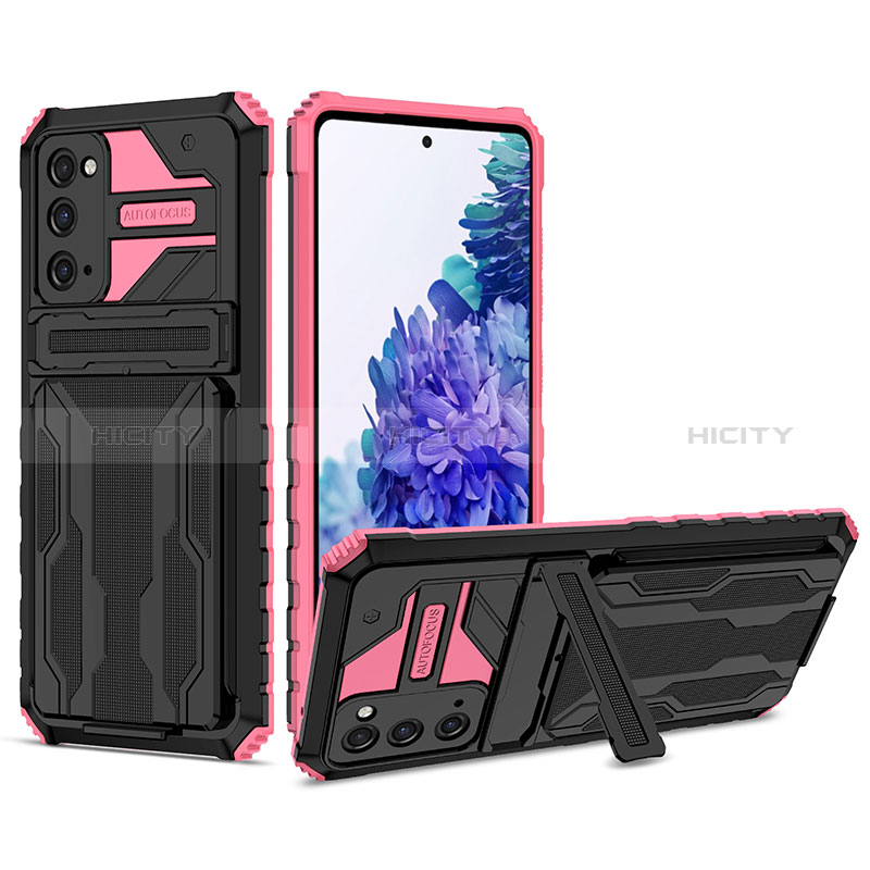 Custodia Silicone e Plastica Opaca Cover con Supporto YF1 per Samsung Galaxy S20 FE 5G Rosa Caldo