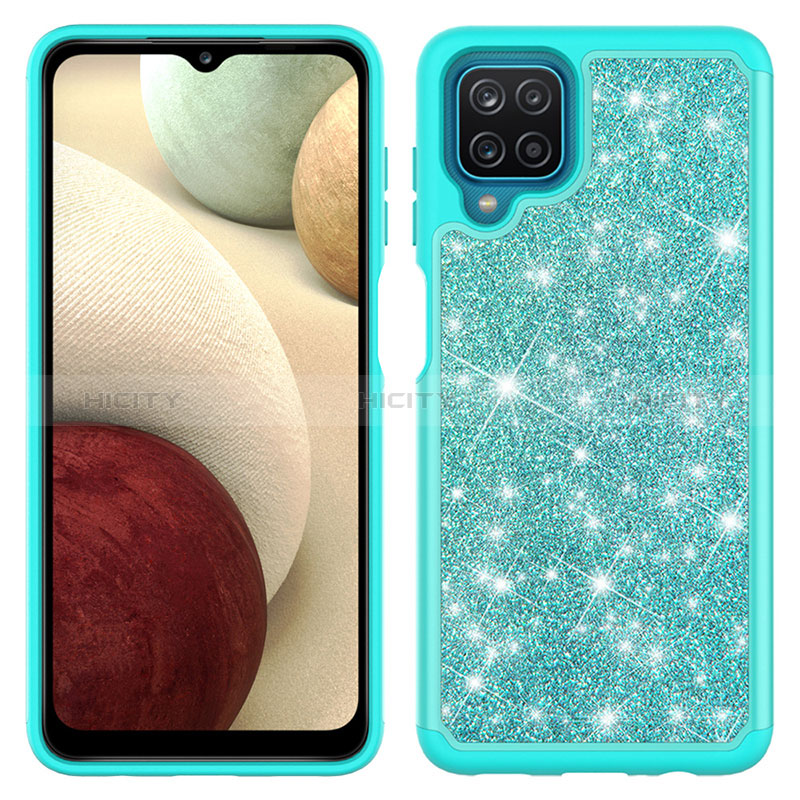 Custodia Silicone e Plastica Opaca Cover Fronte e Retro 360 Gradi Bling-Bling JX1 per Samsung Galaxy A12 Nacho Ciano