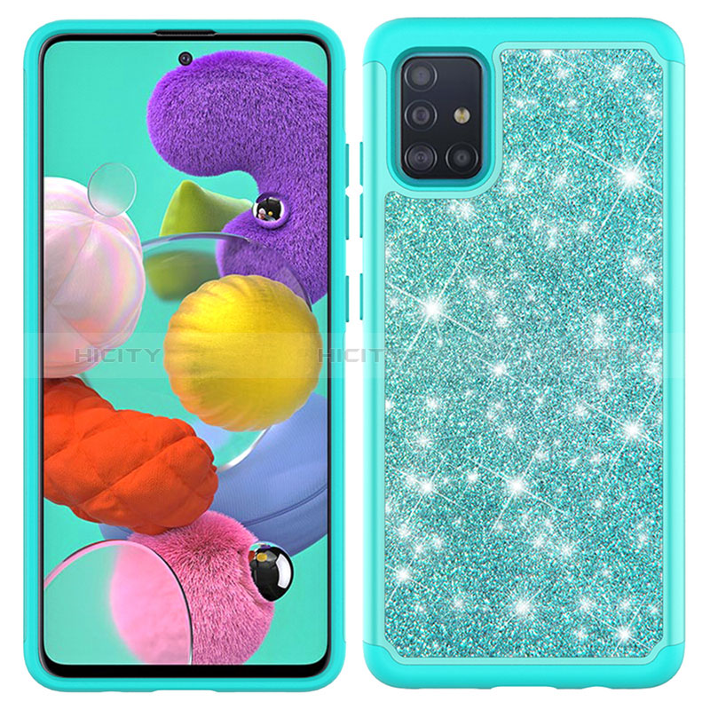 Custodia Silicone e Plastica Opaca Cover Fronte e Retro 360 Gradi Bling-Bling JX1 per Samsung Galaxy A51 5G Ciano