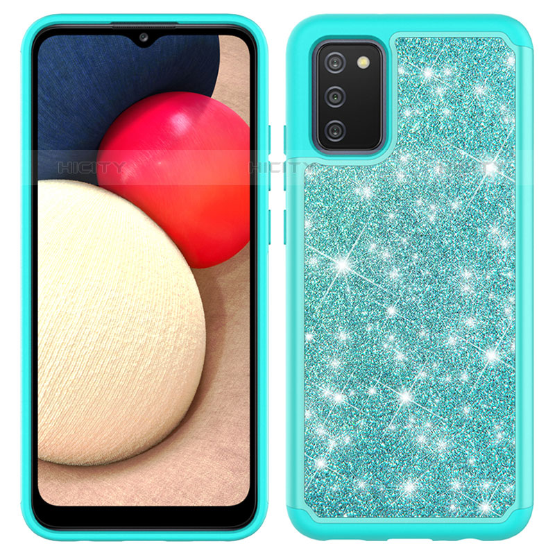 Custodia Silicone e Plastica Opaca Cover Fronte e Retro 360 Gradi Bling-Bling JX1 per Samsung Galaxy M02s Ciano