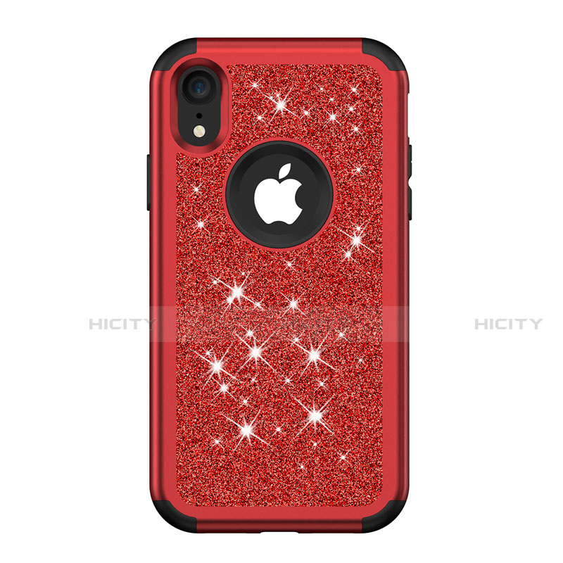 Custodia Silicone e Plastica Opaca Cover Fronte e Retro 360 Gradi Bling-Bling per Apple iPhone XR Rosso