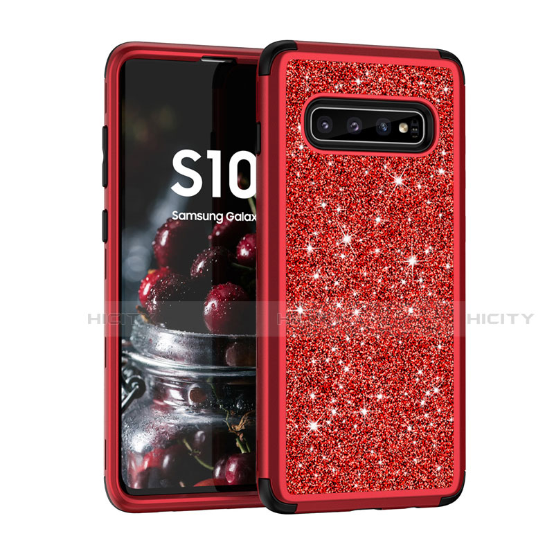 Custodia Silicone e Plastica Opaca Cover Fronte e Retro 360 Gradi Bling-Bling per Samsung Galaxy S10 5G Rosso